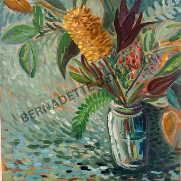 Framed artwork of a still life with flowers and a vase on a textured surface.
