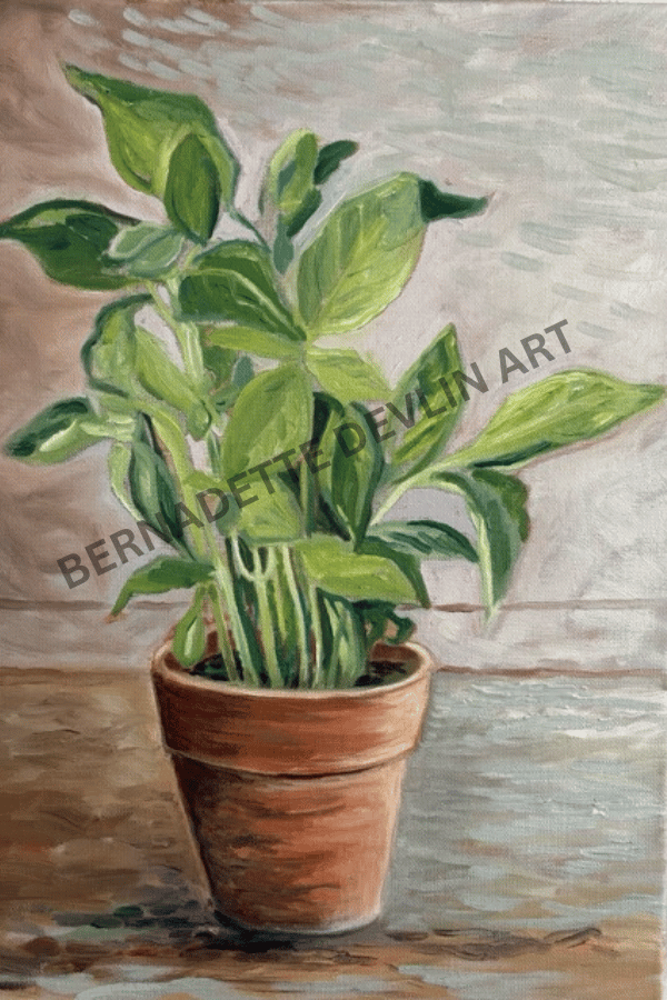 Painting of a potted plant on a textured surface.