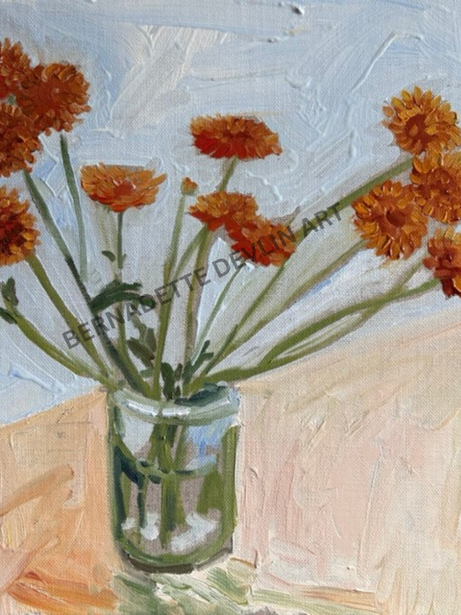 Painting of orange flowers in a glass jar on a textured surface