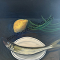 Painting of a fish, lemon, and green onions on a dark background with 'Bernadette Devlin Art' text.