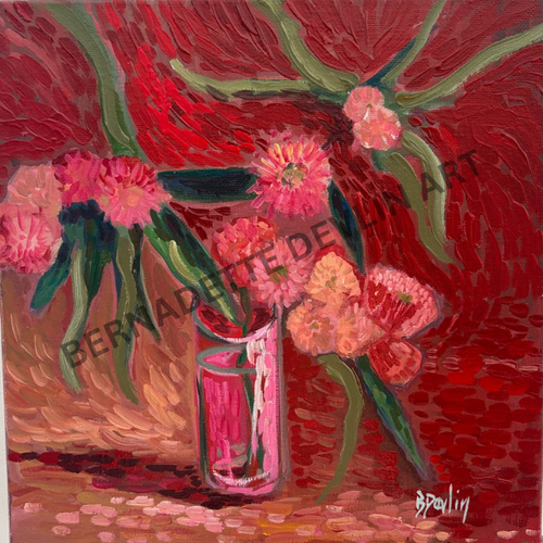 Artistic depiction of flowers in a vase with a red textured background