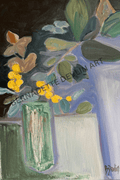 Painting of flowers in a vase with a dark background