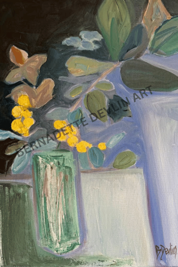 Painting of flowers in a vase with a dark background