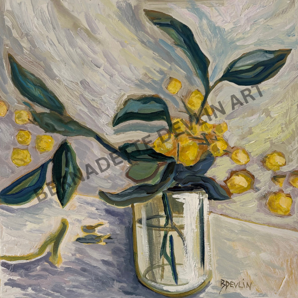 Golden wattle in jam jar.