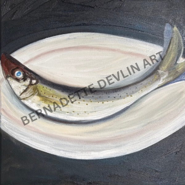 Artistic depiction of a fish with 'Bernadette Devlin Art' branding.