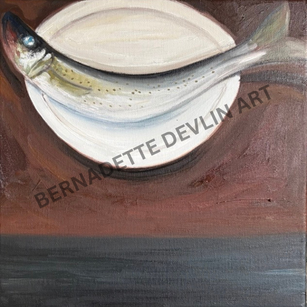 Still life painting of a fish on a plate.