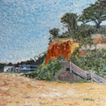 Mosaic artwork of a coastal scene with trees and a house.