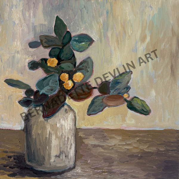 Artistic depiction of a plant in a pot on a table with a neutral background