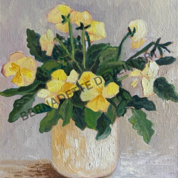 Painting of yellow flowers in a vase on a textured surface