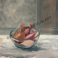 Still life painting of shallots in a glass bowl with 'Bernadette Devlin Art' branding.