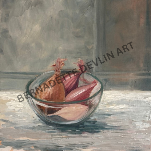 Still life painting of shallots in a glass bowl with 'Bernadette Devlin Art' branding.