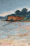Painting of a coastal scene with a cliff and water, signed 'Bernardette Devlin art'.