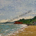 Painting of a coastal scene with a small island and beach.