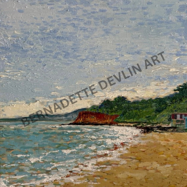 Painting of a coastal scene with a small island and beach.