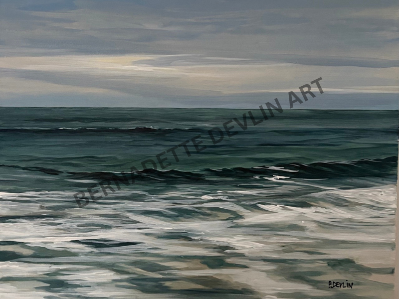 Painting of a coastal scene with waves and rocks.