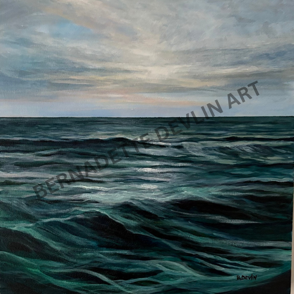 Painting of a calm ocean with a cloudy sky, signed 'Bernadette Devlin Art'.