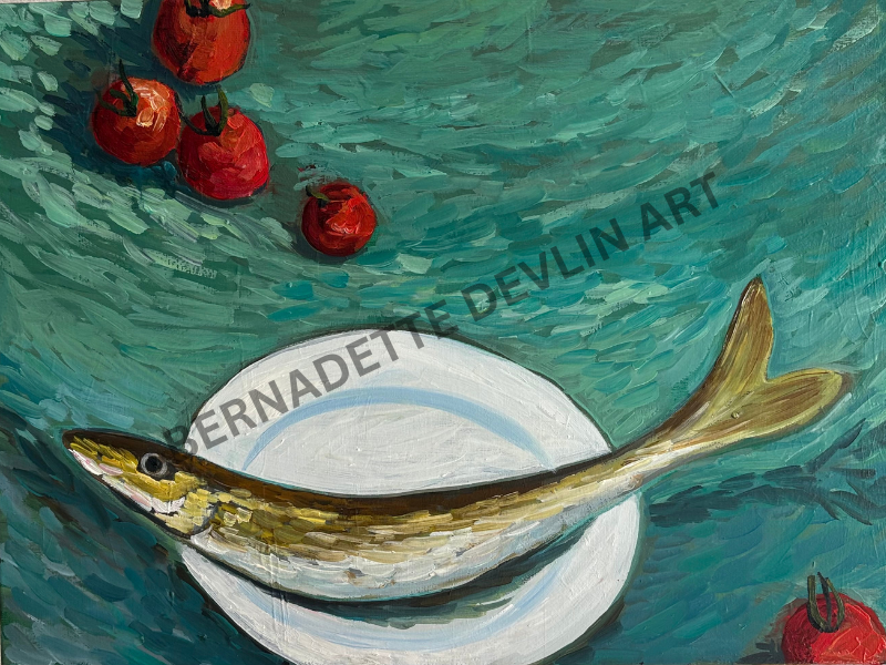 Artistic depiction of a fish on a plate with tomatoes, signed 'Bernadette Devlin Art'.