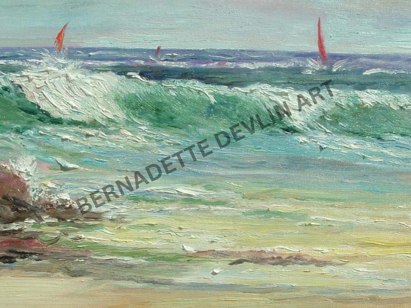 Painting of a coastal scene with waves, beach, and red boat flags.